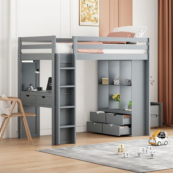 slide 2 of 19, Twin Size Loft Bed with Large Shelves Grey