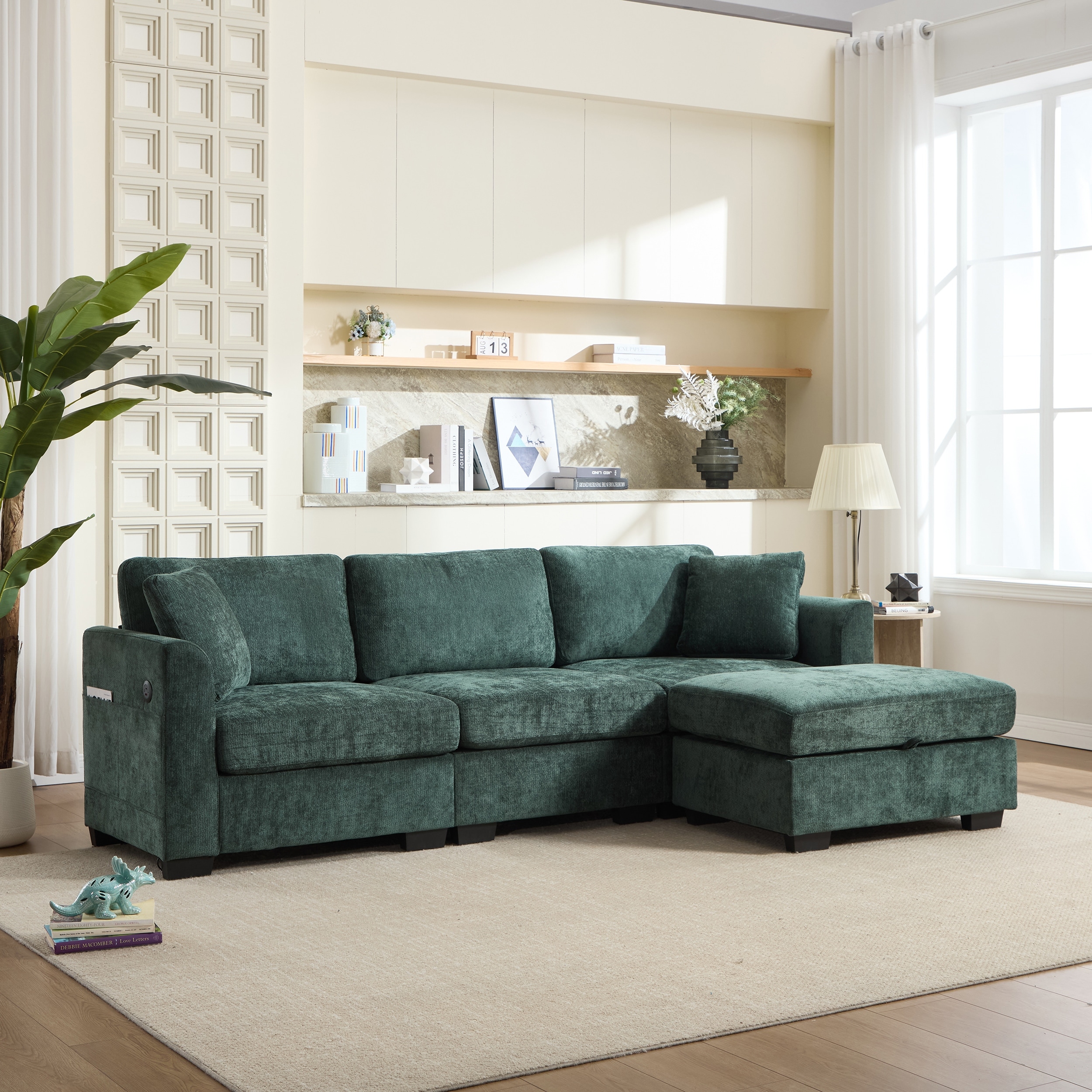Modern L-Shaped Sectional Sofa: 4-Seat Oversized Chenille Design with Dual USB Ports, 2 Side Pockets & Ottoman Storage Bench.