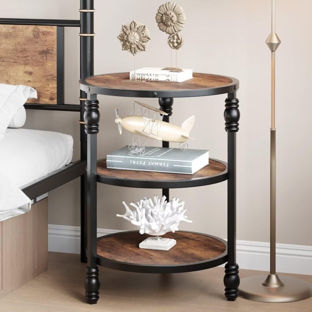 Round Side Table,Small End Table with 3 Shelves for Living Room