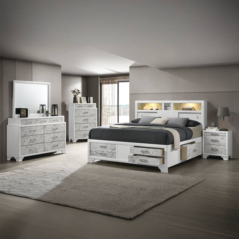 Soul Luxurious 4PC/5PC Bedroom Set - White Finish, Marble Accents, Built-in Lighting, USB-C & Bluetooth Speakers - Queen - 5 Piece
