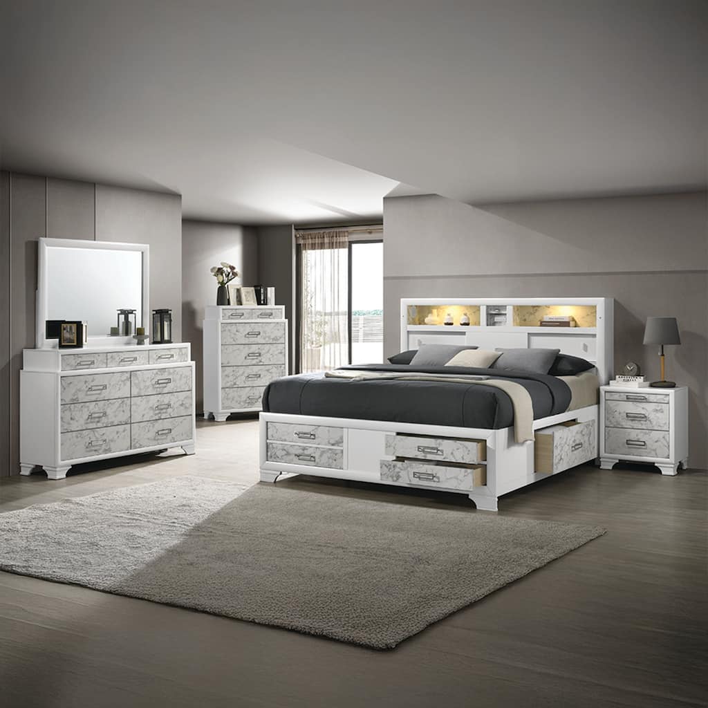 Soul Luxurious 4PC/5PC Bedroom Set - White Finish, Marble Accents, Built-in Lighting, USB-C & Bluetooth Speakers