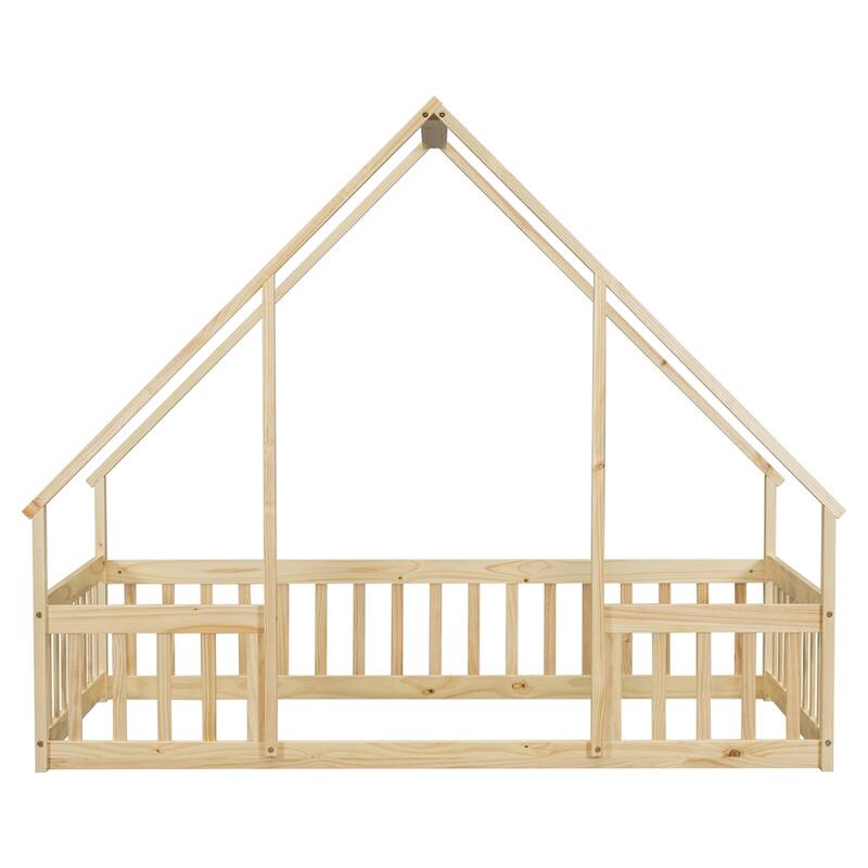 Twin Size Wood House Floor Bed with Fence and Guardrails
