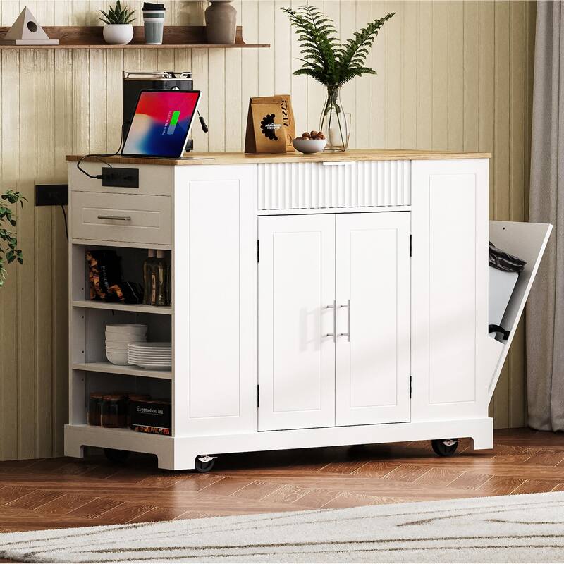 Fluted Kitchen Island with Trash Can Storage Cabinet,Power Outlet, Rolling Islands on 5 Wheels with 3 Drawer,3 Open Side Racks