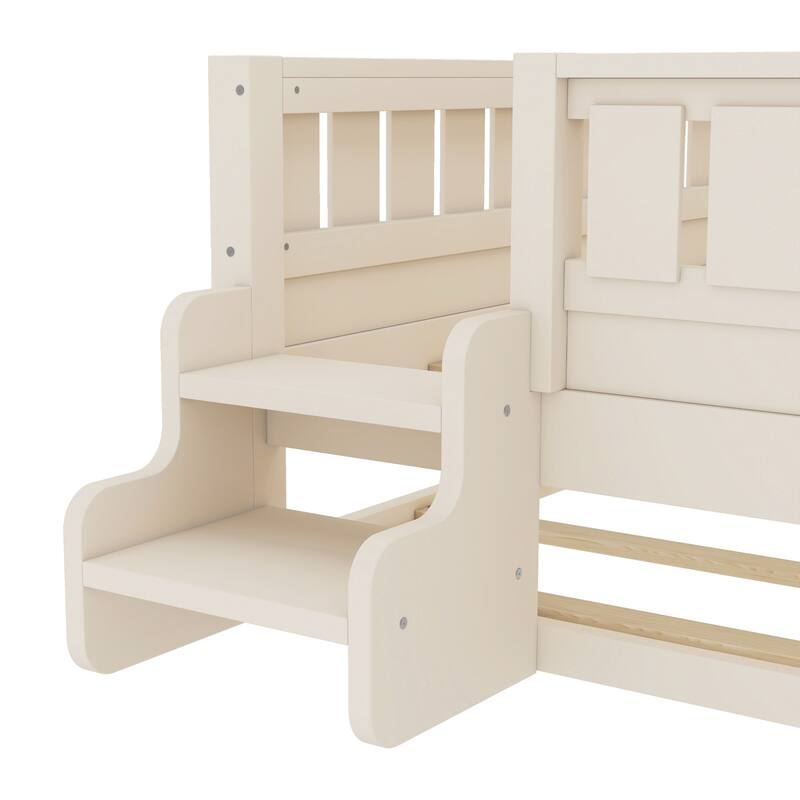 Full/Twin Size Wood Bed with Built-in Bookshelves and Storage Staircase, Safety Rails and Trundle Bed