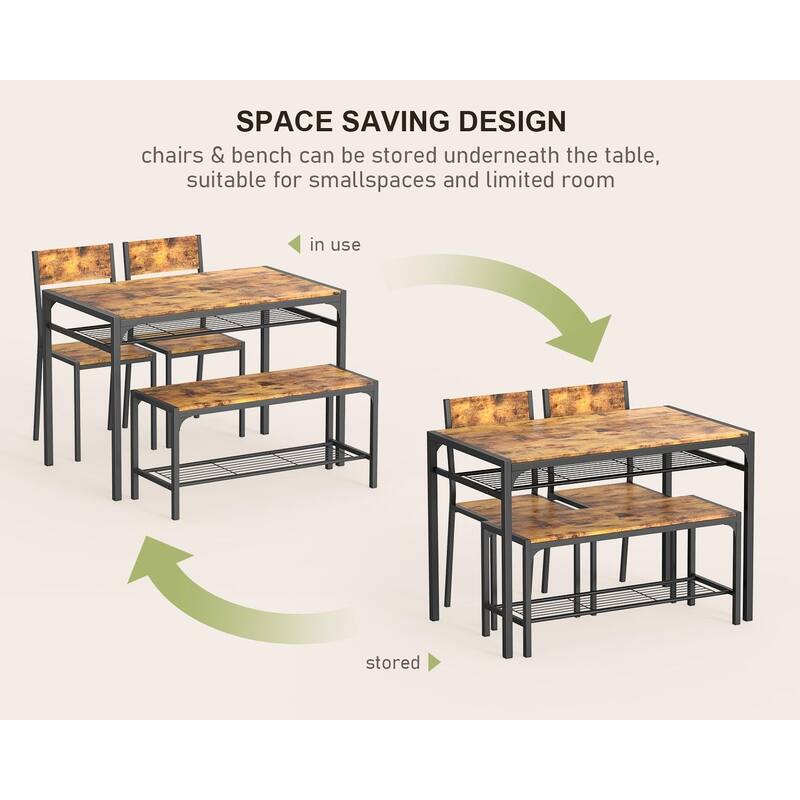 4 Piece Kitchen Dining Table with 2 Chair and Bench for Small Space