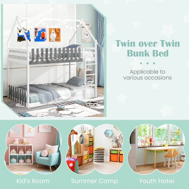 Gymax Twin Over Twin Bunk Bed w/ Fence & Ladder Solid Wood Floor Bunk