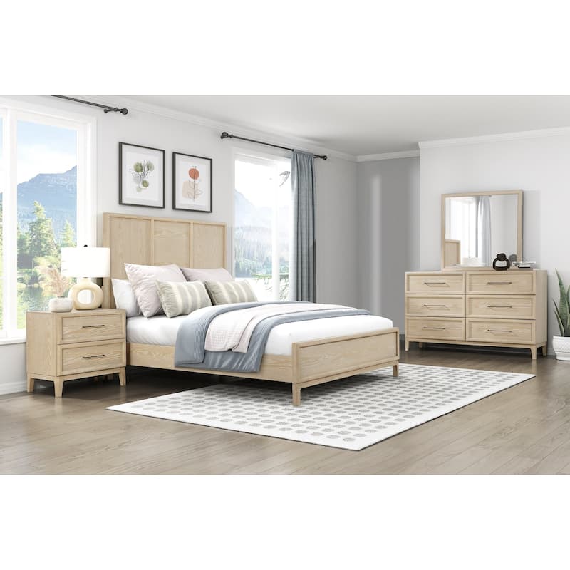 Bedroom Set Light Brown Panel Bed Nightstand Dresser Mirror