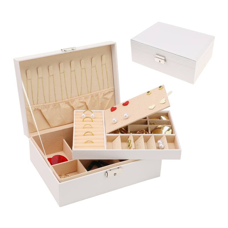 2 Layer Jewelry Box with Mirror for Women Girls, PU Leather Jewelry Organizer Case Storage Display Holder - 23x17x8.8cm