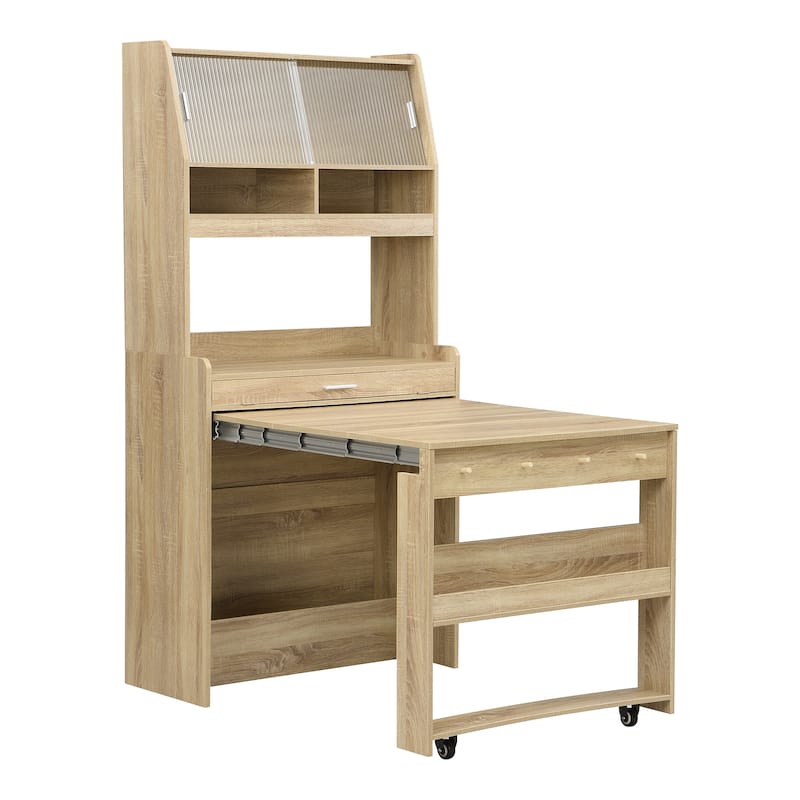 Multifunctional Buffet Hutch and Foldable Dining Table with Storage Unit and Rolling Wheels for Small Spaces