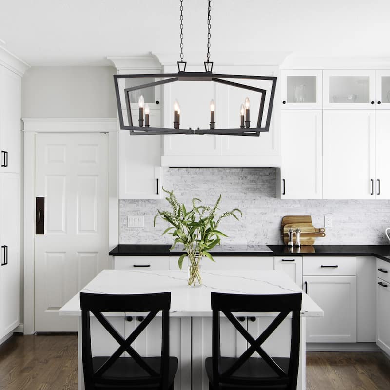 Zarbel Modern Farmhouse 8-Light Black Chandelier Geometric Metal Linear Kitchen Island Pendant - L38" x W13" x H78"