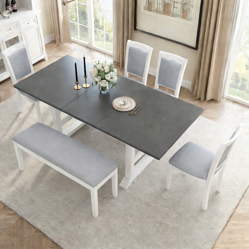 76.9" Extendable Dining Table with 4 Upholstered Chair and 1 Bench - White Grey
