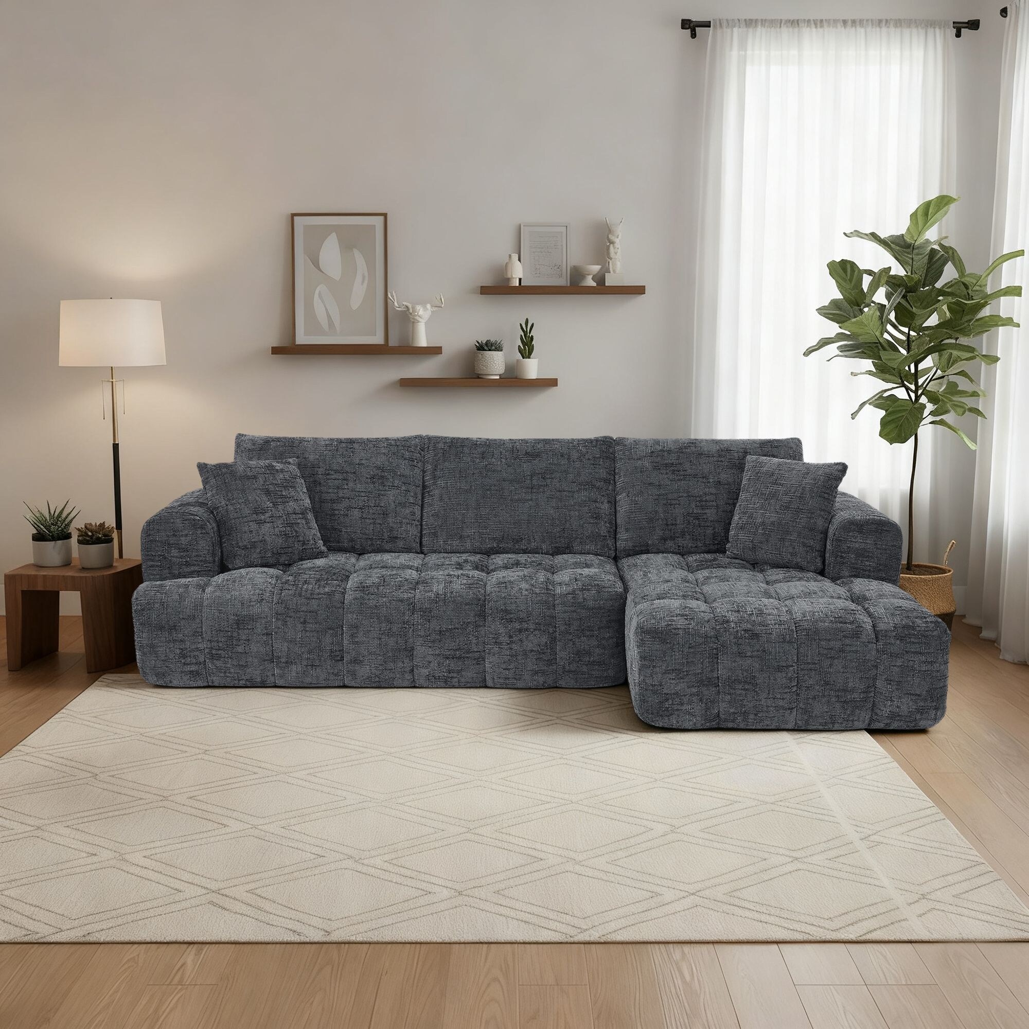 Classic L-shaped Chenille Fabric Upholstered 3-Seater Sectional Sofa with Two Pillows