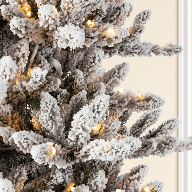 Glitzhome 6FT/7.5FT/9FT/11FT Snow Flocked Pre-lit Artificial Fir Christmas Trees