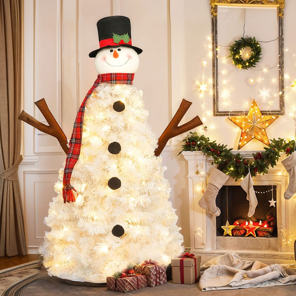 4 FT Pre-lit Hinged Full Tree, Snowman-Shaped Artificial Christmas Tree with LED Lights and 380 Branch Tips for Festival