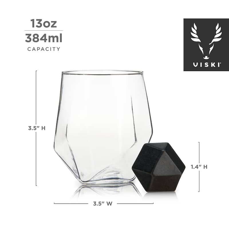 Viski 4 Piece Faceted Tumbler and Hexagonal Basalt Stone Set Set of 2 Crystal Glasses