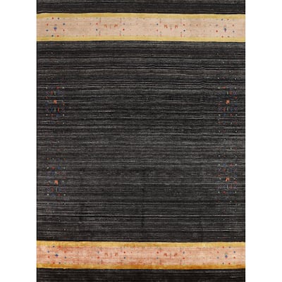 Striped Black Gabbeh Oriental Area Rug Hand-Knotted Silk Carpet - 8'2" x 9'8"
