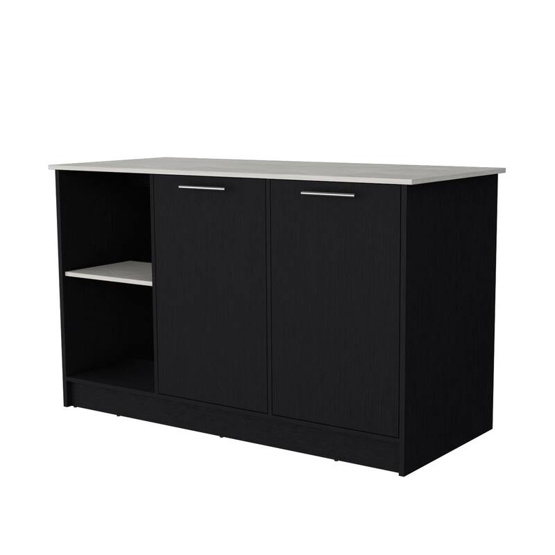 Kitchen Island with Black & Onyx Finish, Double Door Cabinets, 2 Open Shelves, 59" Countertop