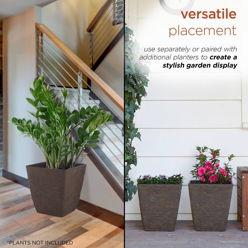Alpine Corporation Indoor/Outdoor Stone-look Squared Planter, Large, Brown (Set of 2)