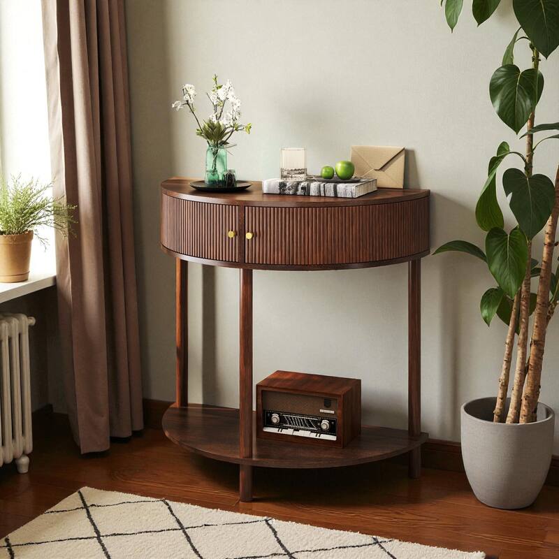 31.5" Half Moon Console Table with 3D Wave Pattern, 2 Drawers and Bottom Shelf, Artisan-Crafted Entryway Accent Table