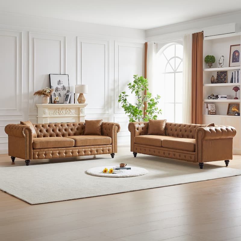 Chesterfield Button Tufted Sofa Set of 2 with Nailhead Trim, 3+3 Seat