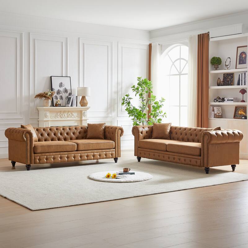 Classic Chesterfield Sofa with High-Density Cushions and Metal Accents