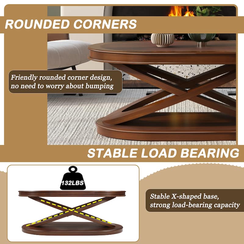 Oval Coffee Table & Round End Tables Set of 3, Retro Wood Table Sets with X-shaped Structure Base and Non-slip Foot Pads