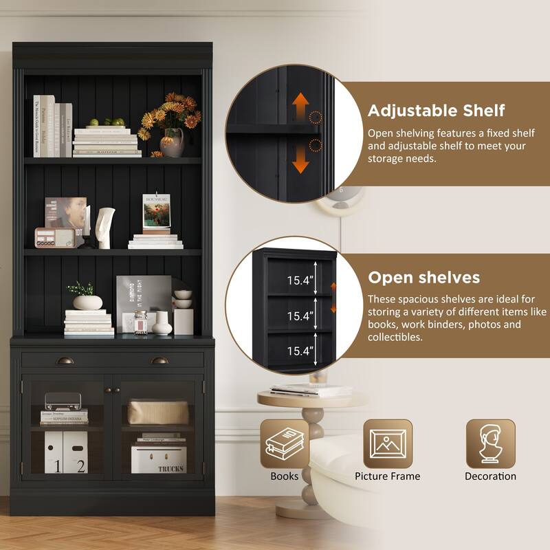 5-Tier Bookshelf with Storage Cabinet, 83" Tall Modern Bookcase with Glass Doors, Open Shelves, Floor Wooden Display Book Shelf