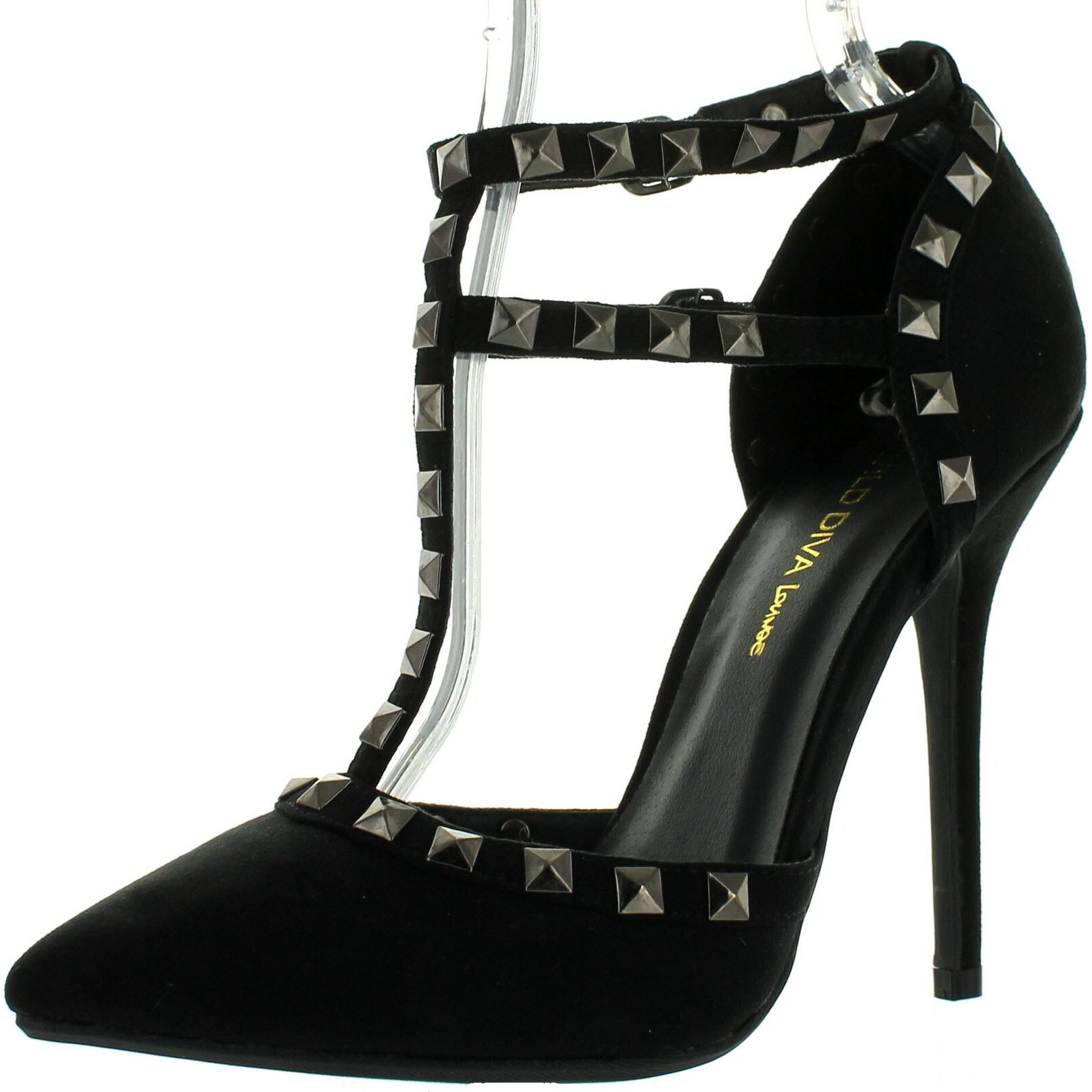 black high heel pumps with ankle strap