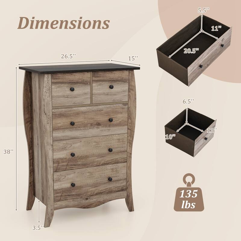 Gymax 2PCS 38'' Farmhouse Chest of Drawers w/ 5 Folding Fabric Drawers