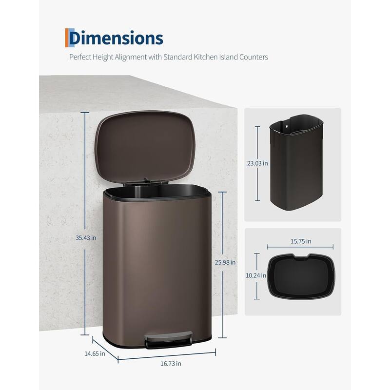 13 Gallon/50 Liter Large Kitchen Trash Can with Lid, Step-On Trash Can with Inner Drum