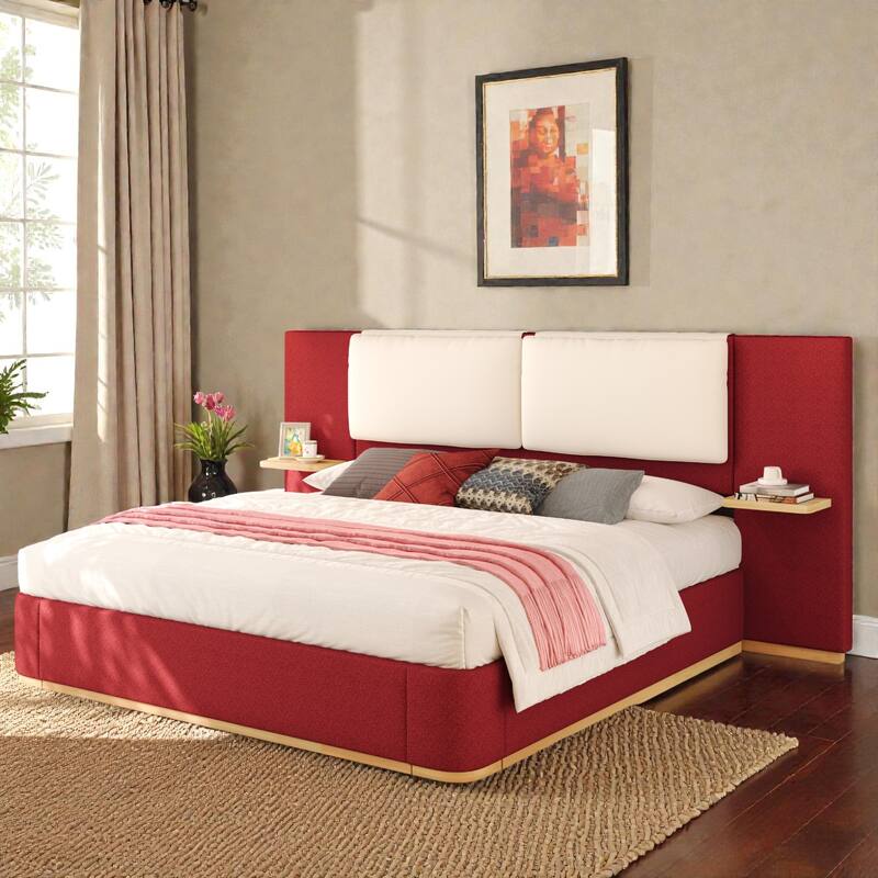 Upholstered Platform Bed Frame with Side Storage Panels, Soft Rounded Corners, Cushioned Headboard & No Box Spring Needed
