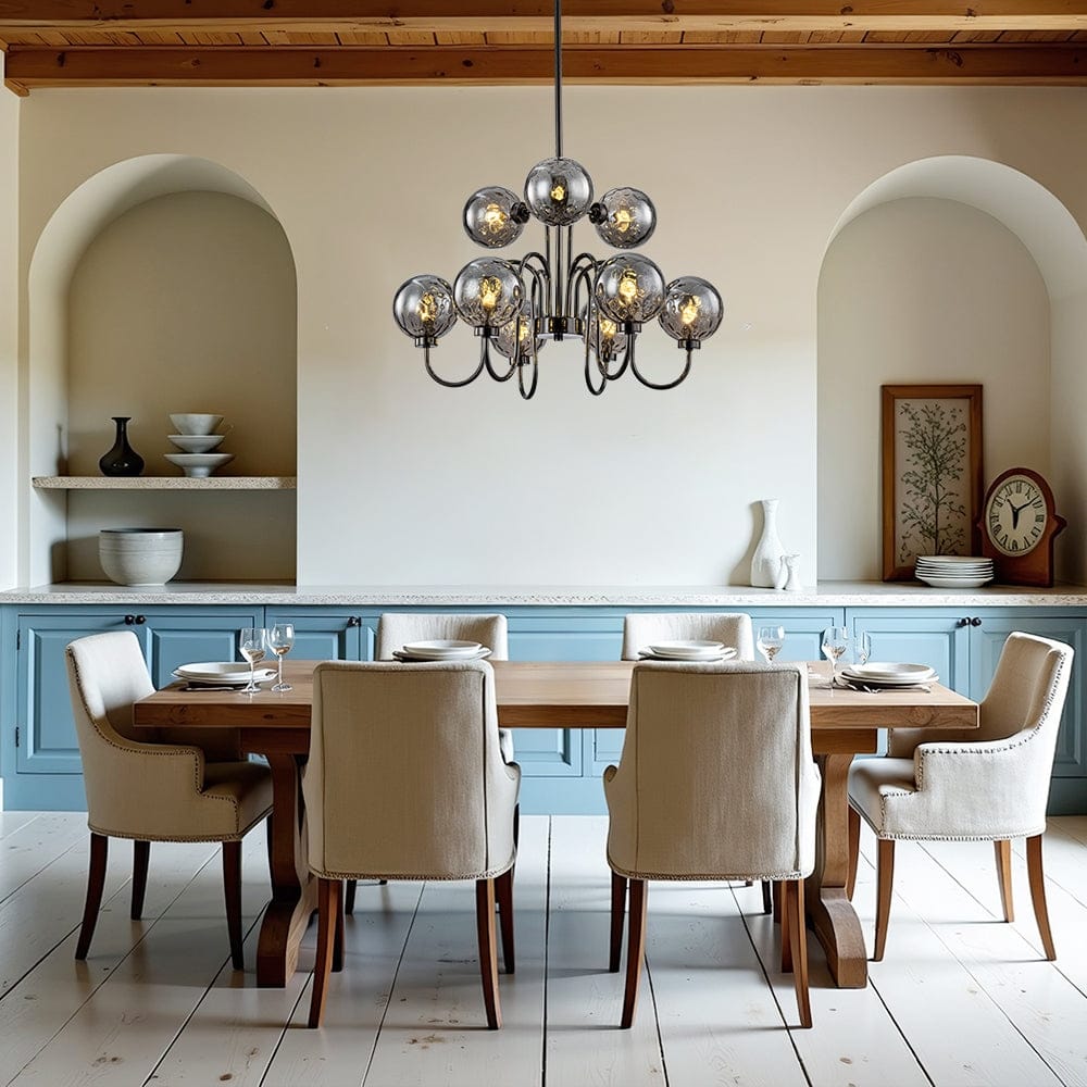 Art Deco 9-Light 2-Tier Smoked Water Glass Bubble Chandelier - 23.6in