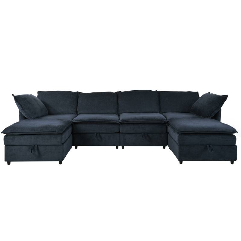 Blue 126" U-Shaped 6-Seater Modular Sofa with Ample Storage, Double Cushions, and Customizable Layout Options