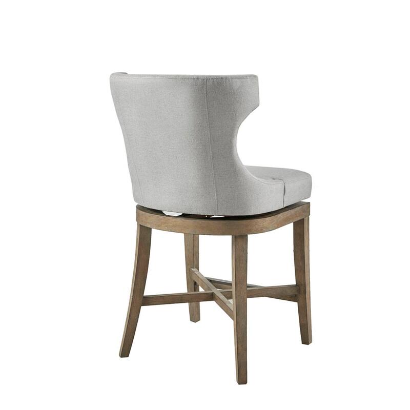 Roomfitters 360-Swivel Counter Stool, Upholstered Wingback Bar Chair with Piping and Metal Kickplate, Light Gray