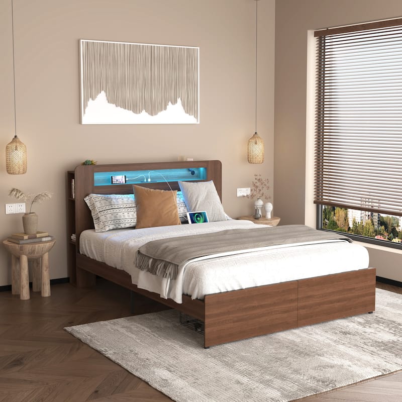 Farmhouse Brown Wooden Low Profile Platform Bed Frame with 2 Pull-out Drawers and Bookcase Storage Headboard Built-in LED Light