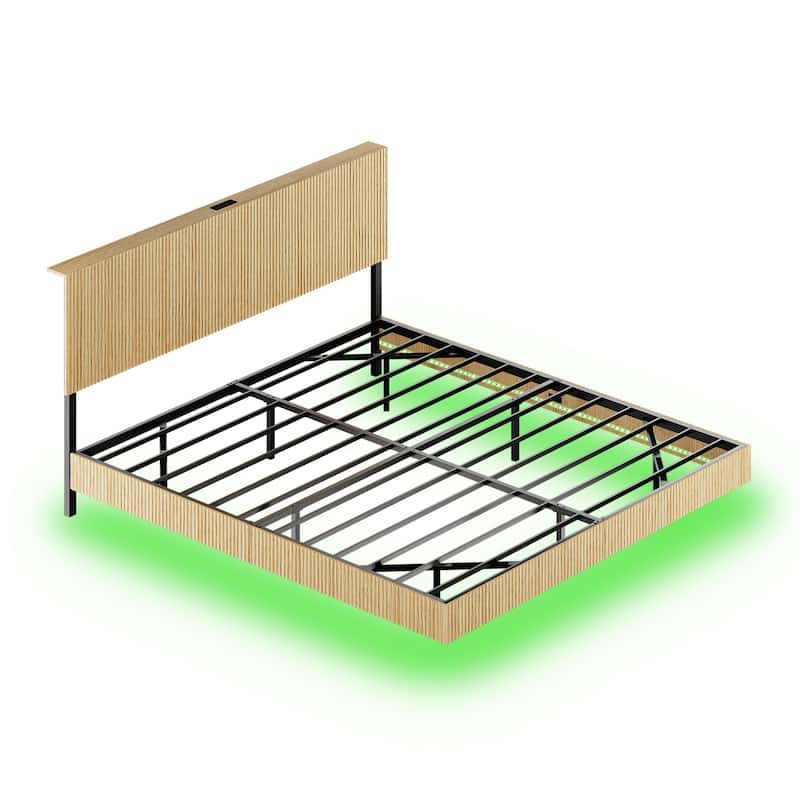 Floating Platform Bed with Charging Station and LED Lights, Wavy Headboard, Heavy-Duty Metal Slats, No Box Spring Required