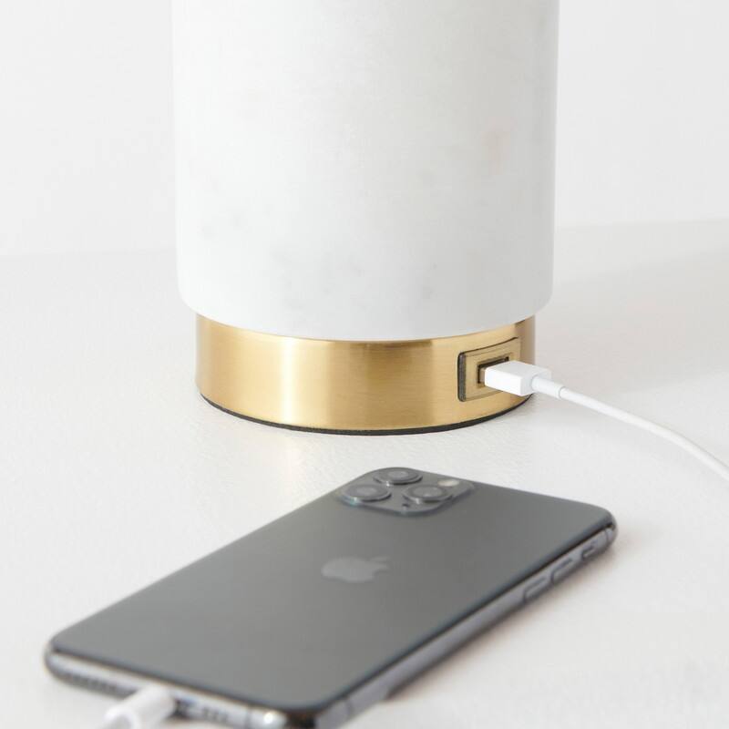 Brightech Arden 17 in. Marble Mid-Century Modern LED Table Lamp with Fabric Drum Shade and Built-In Charging Port