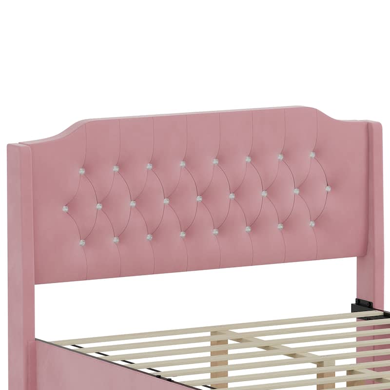 Queen Size Tufted Upholstered Bed Frame with Crystal Button Accents, No Box Spring Needed,Pink