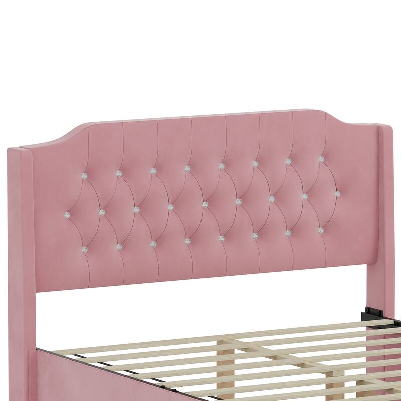Queen Size Velvet Tufted Upholstered Bed Frame with Crystal Button Headboard