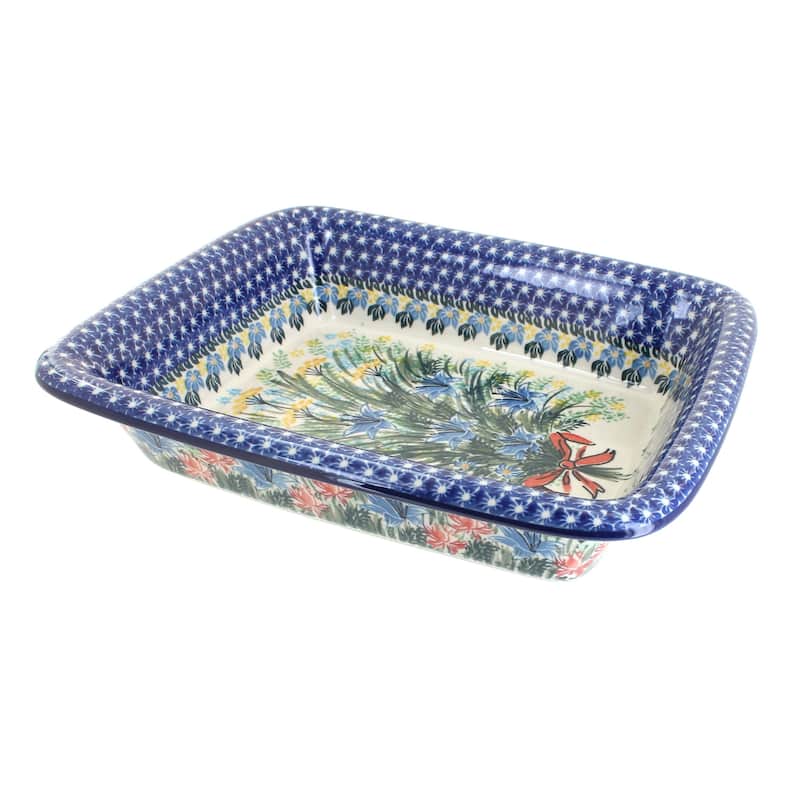 Blue Rose Polish Pottery 855 Ceramika Artystyczna Medium Rectangular Baker - Day Lily Bouquet