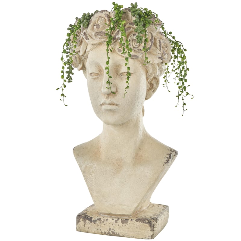 Magnesium Oxide Woman Distressed Antique Greek Bust Indoor Outdoor Planter with Floral Accents - Cream - Roche River Decor - Cream