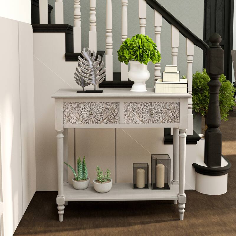 COSIEST Vintage 32'' Solid Wood 2-Drawers Console Table - 31.5"W x 12"D x 30"H