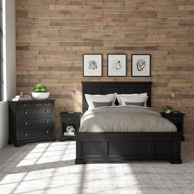 Homestyles Bedford 3-Piece Black Wood Queen Bed, Two Nightstands and Chest Set