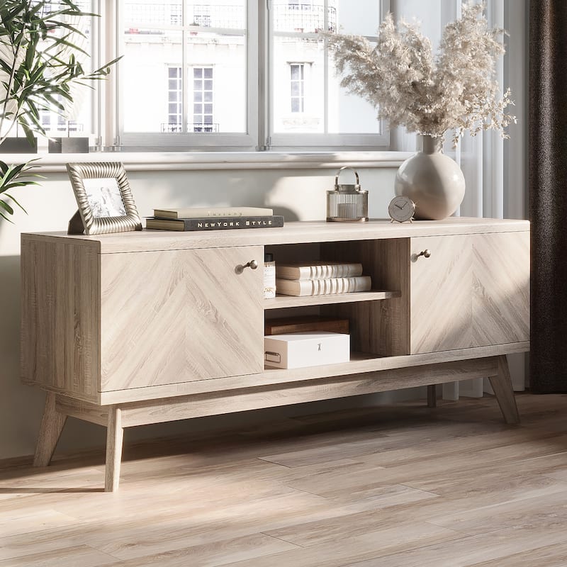 Living Skog Scandi Mid-Century Modern Herringbone TV Stand for TV Up to 65 Inches with Wooden Legs - Beige