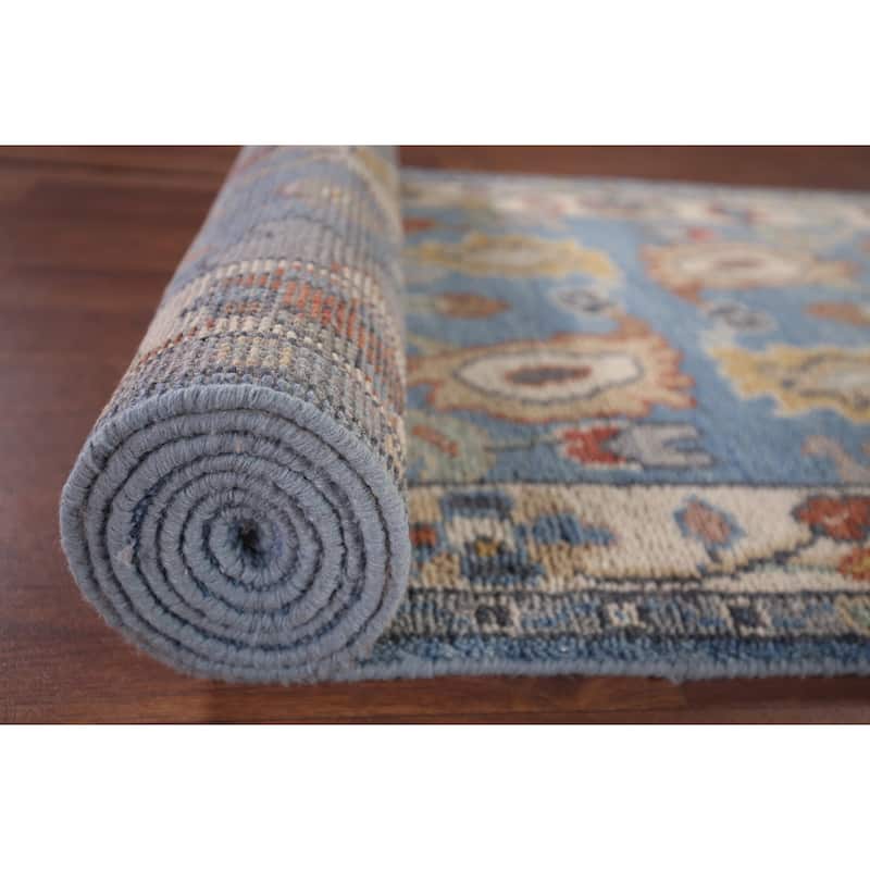 Light Blue Oushak Oriental Runner Rug Hand-Knotted Wool Carpet - 2'5"x 13'9"