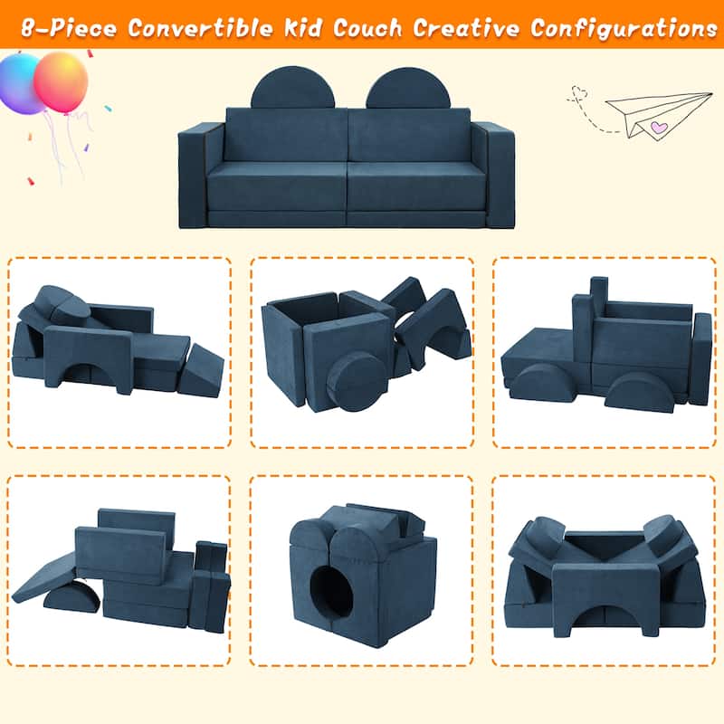 10pcs Kid's Play Couch, Multifunctional Modular Kid Convertible Sofa for Playroom, Indoor Toddler Couch for Boys Girls