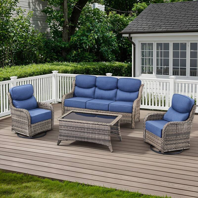 Arcadia 4-Piece Wicker Outdoor Patio Conversation Set with Swivel Gliders and 6-Inch Thick Olefin Cushions