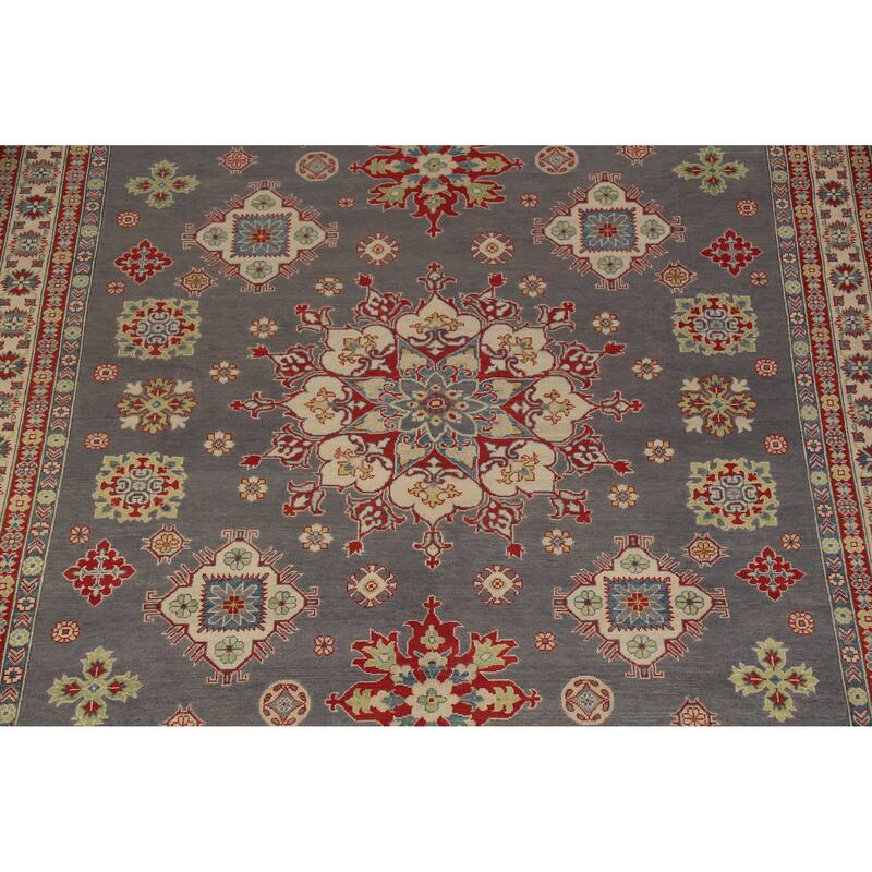 Hand Knotted Oriental 100% Wool Carpet Traditional Geometric Greys & Charcoal Kazak Area Rug - 11' 11'' X 9' 0''