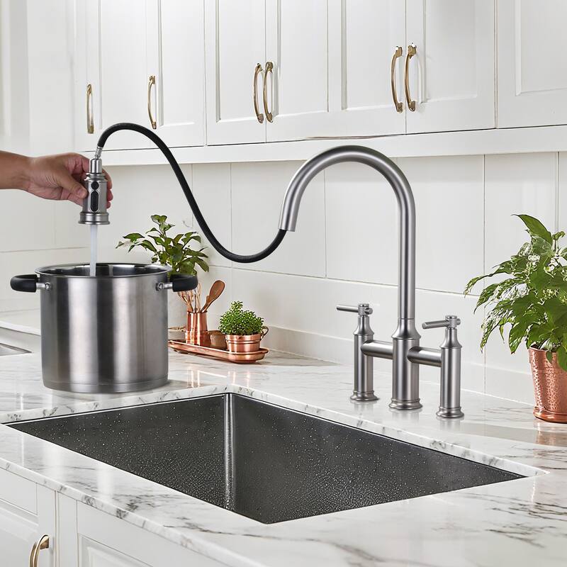 WOWOW Double Handle Pull Down Sprayer Bridge Kitchen Faucet