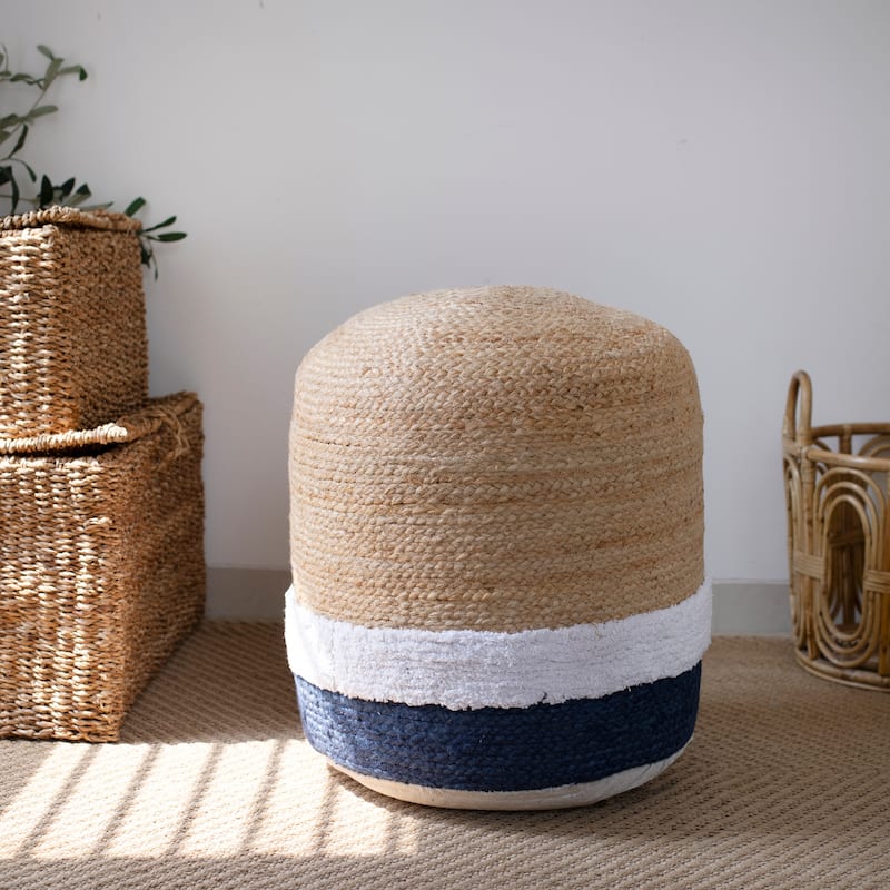 Sevita Natural/Navy Nautical Coastal Striped Hand-Made Pouf